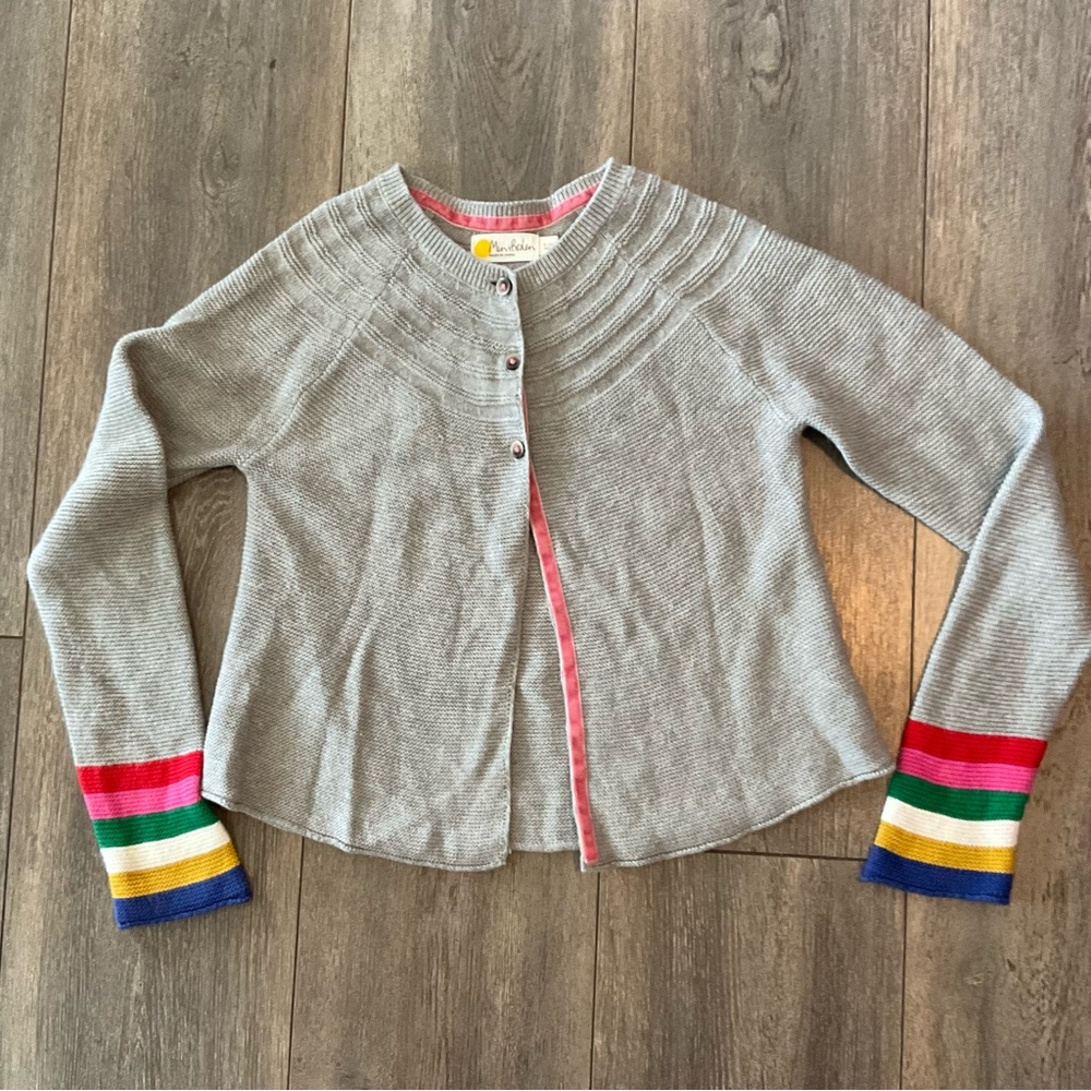 Mini Boden Gray Cardigan with Colorful Striped Cuffs, Girls Size 9/10